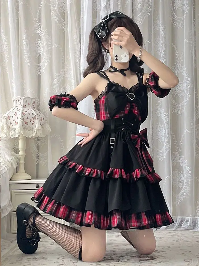 Idol clothes Lolita JSK Dress Red Plaid Pattern senza maniche Ruffles Bows Lace Up Lolita Jumper gonna di Alice Girl-Pre-order