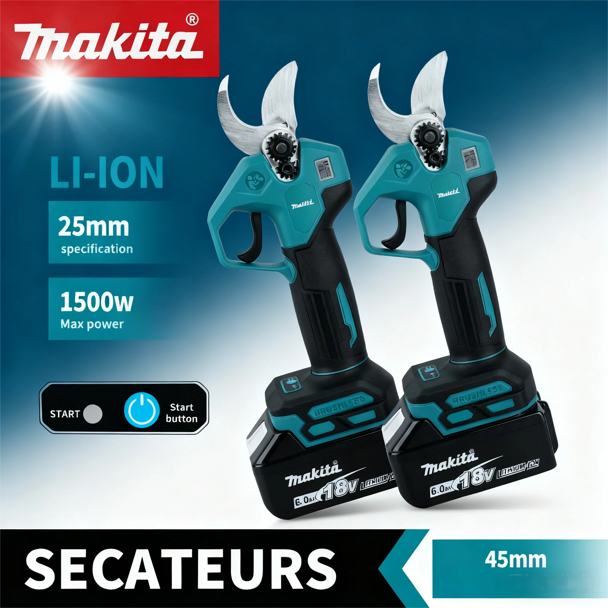 Sécateur électrique sans fil Makita 18V sans balais - Coupe de 45 mm, Léger, pour l'élagage des arbres et des branches de jardin