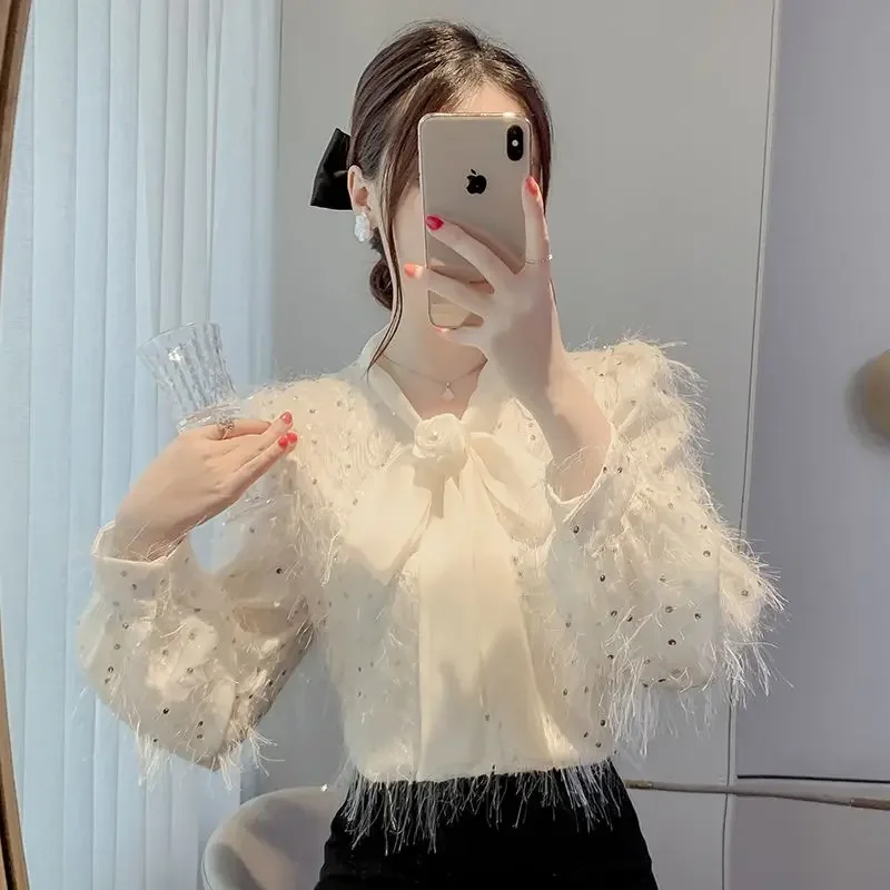 Nowa Xiaoxiang Fengliu Su Liang Pian Koronkowa Bluzka Damska z Długim Rękawem, Wewnętrzna Kokarda, Szyfonowa Koszula