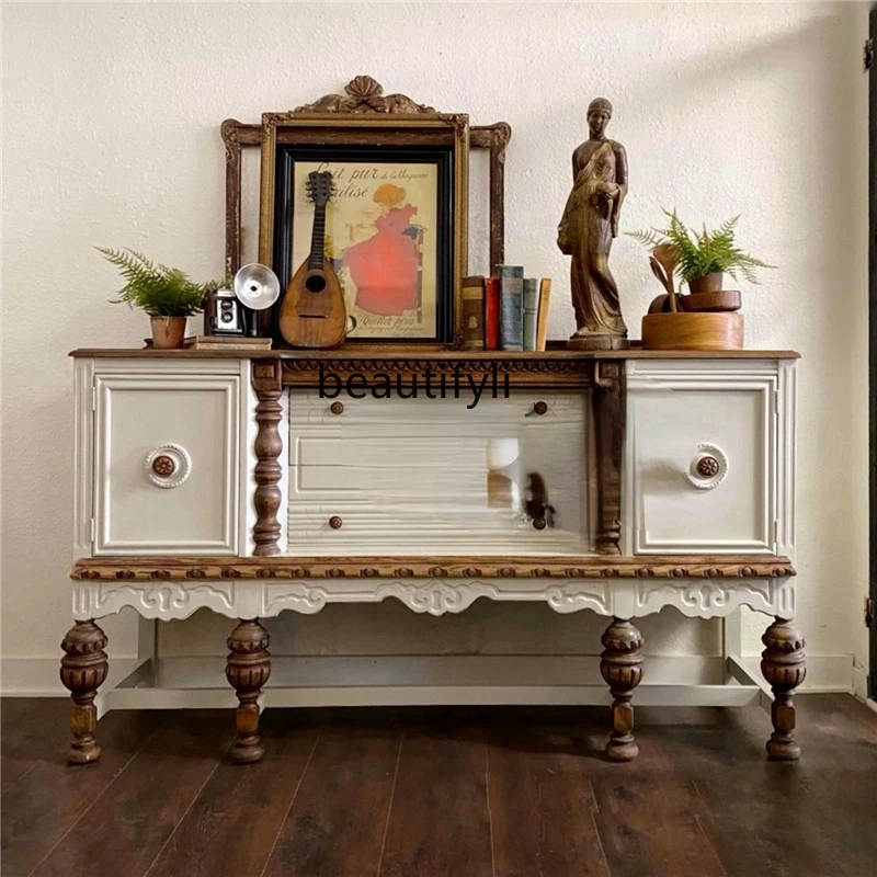 zqFrench Antique Sideboard Cabinet High-End Decorative Cabinet European Solid Wood Carved Entrance Foyer Entrance Cabinet