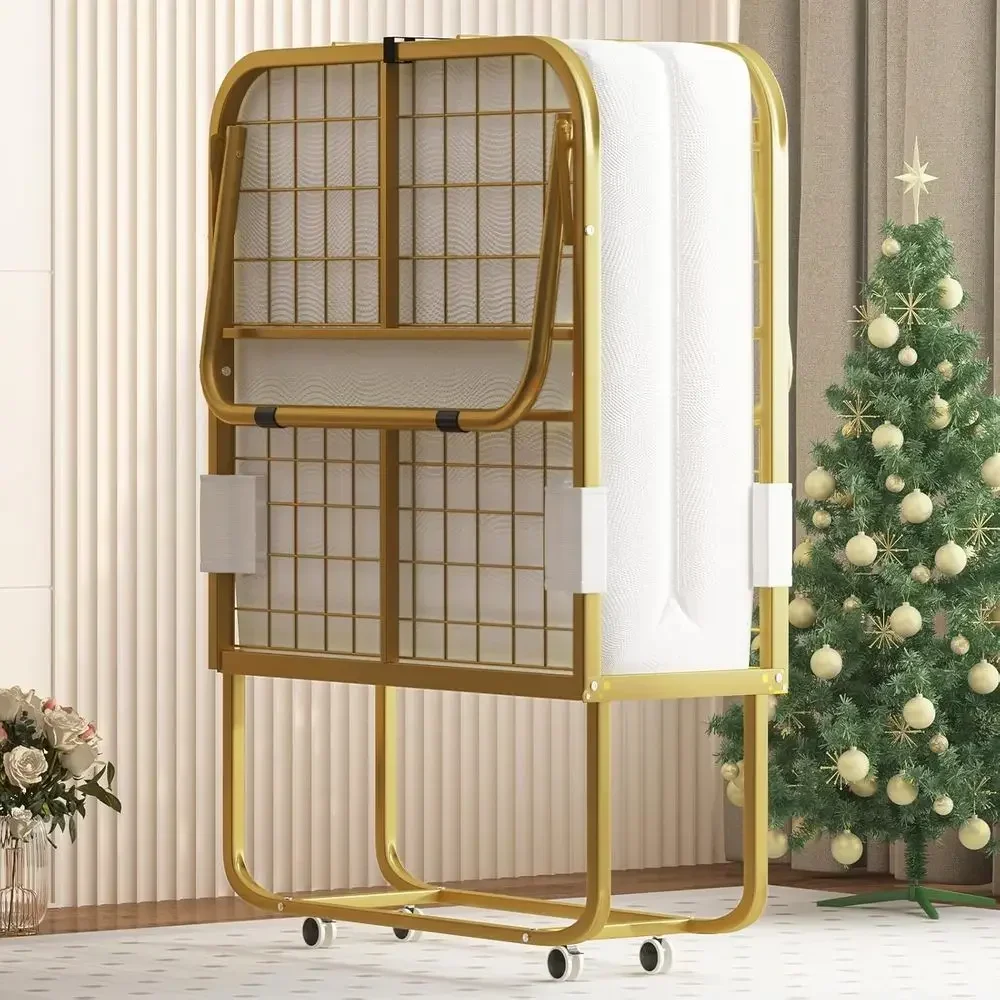 5 Inch Memory Foam Mattress, Single Rollaway Bed with Lockable Wheels, Portable and Easy Assembly, 75 x 38 Inches - Gold