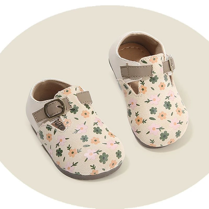 Brand Suede Girls Flats Shoes Printing Flowers Toddler Women Strap Dress Shoes For Party Soft Infant Spring Walkers Shoes