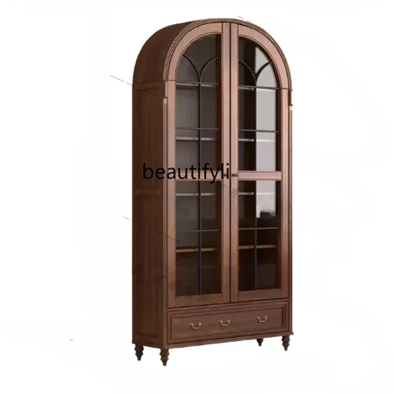 cqyAmerican Light Luxury Solid Wood Bookcase Living Room Art with Changhong Glass Door Retro Arched Cabinet