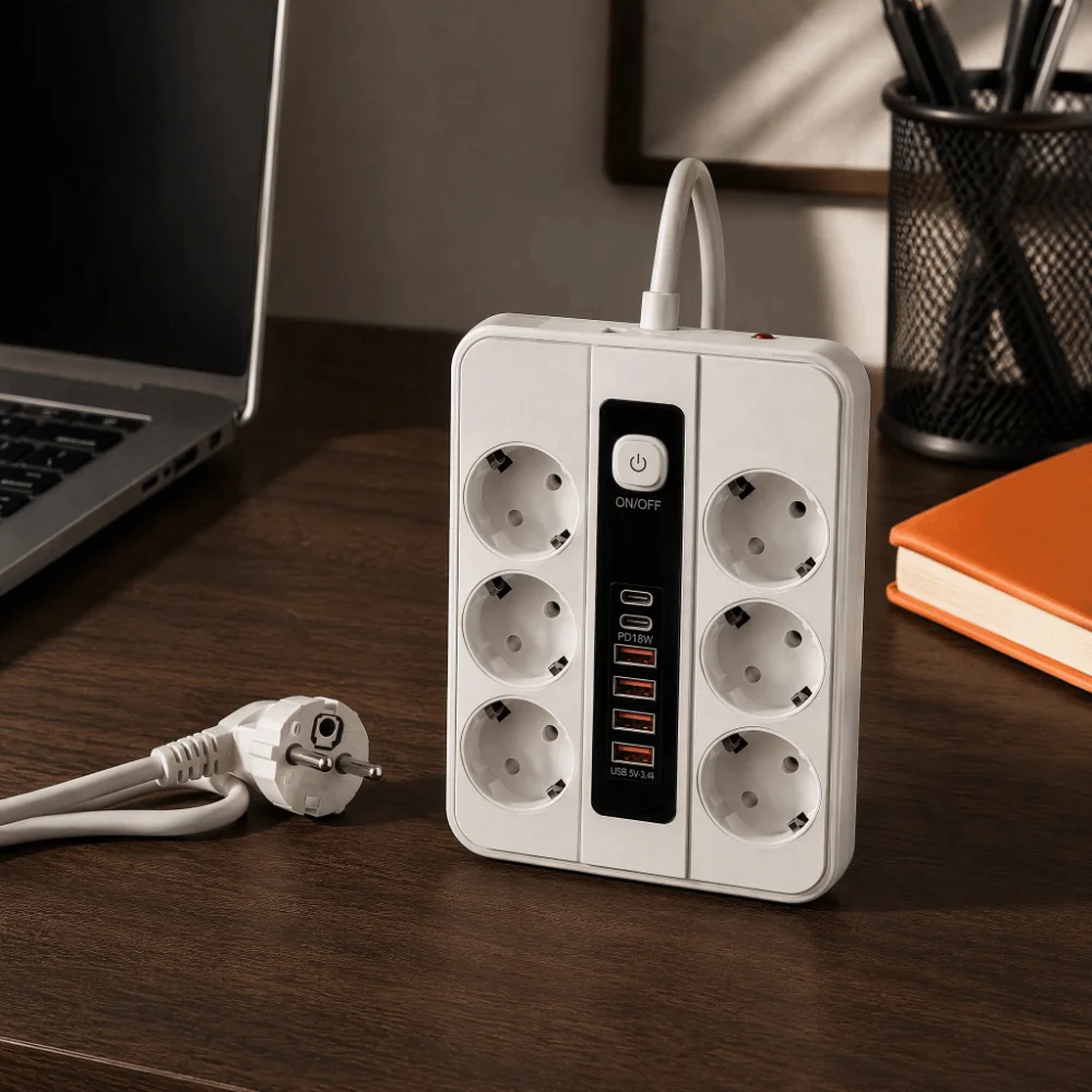 3000W EU Power Strip Dual USB Port Overload Protection USB Power Strip Multi-function Copper Conductive USB Socket Household