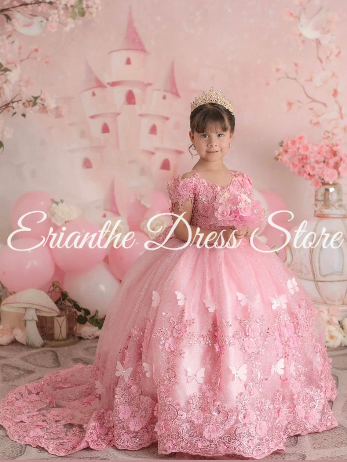 Vestido elegante personalizado de flores rosas para niña, vestidos de boda de tul con apliques de encaje hinchados, fiesta de cumpleaños para niños, vestidos de baile de primera comunión