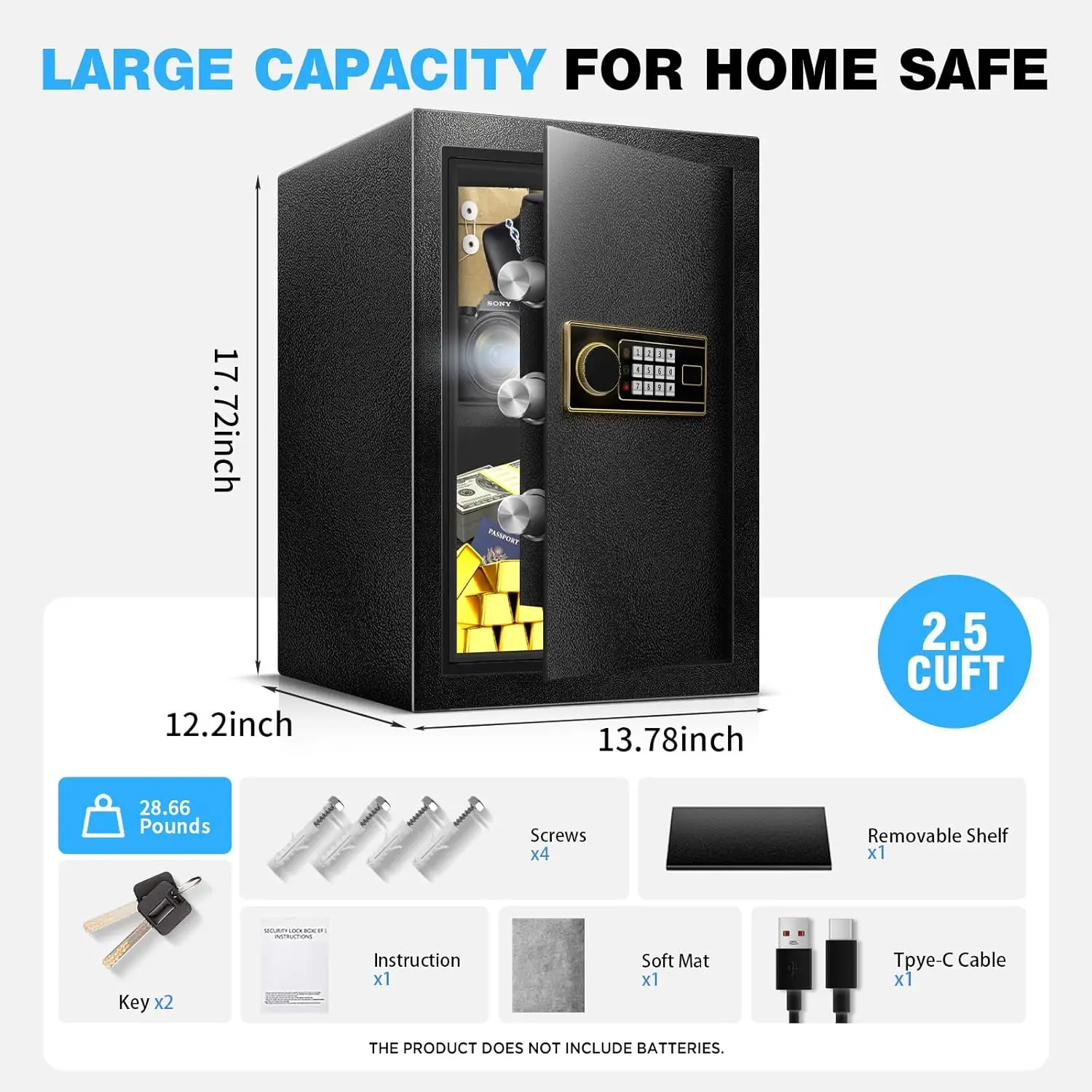 2.2 Cu Ft Fireproof Safe Box for Home - Steel Lock Box for Office & Home Security, Digital Electronic Keypad, Alarm System & Rem
