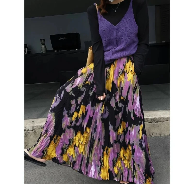 Falda larga plisada avanzada con franjas de carne Retro, falda larga estampada adelgazante de nueva moda