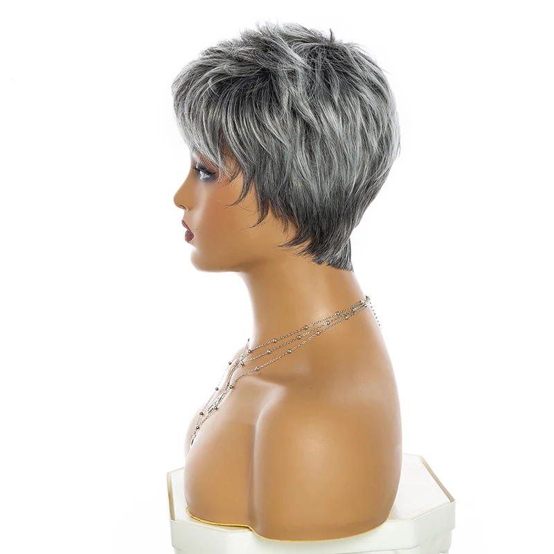 Gray Mommy Wigs Synthetic Ombre Pixie Cut Hairstyle Women Short Grey Wigs with Bangs Heat Resistant Daily Party Hair