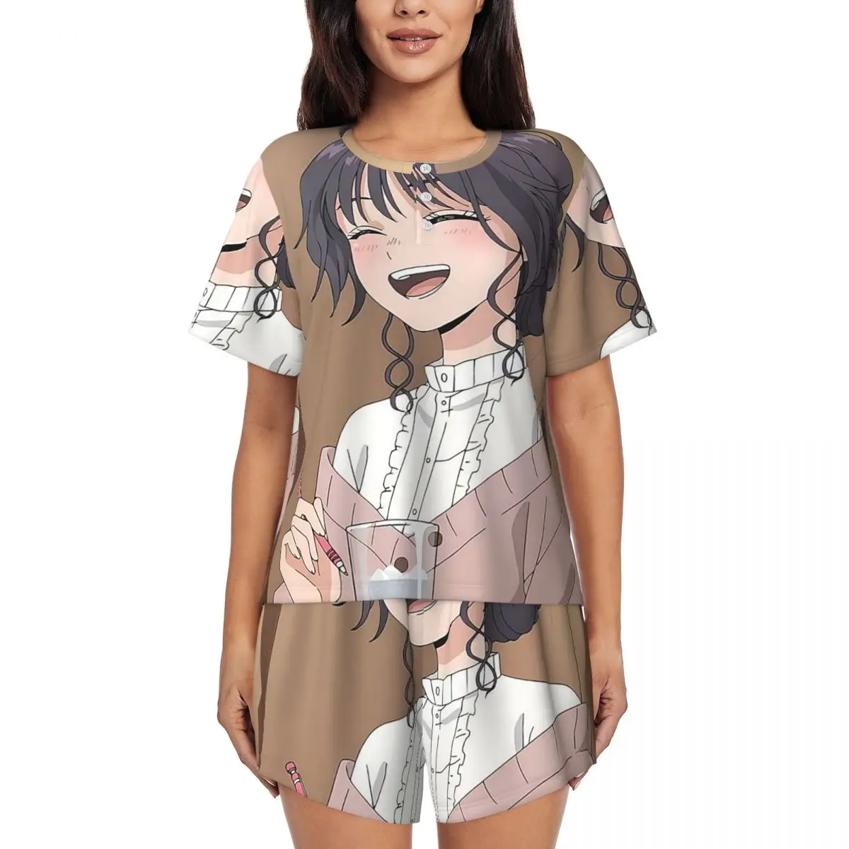 

Аниме-пижамный комплект с принтом «Цветущие цветы»: мягкая ночная рубашка с круглым вырезом и коротким рукавом и шорты для сна