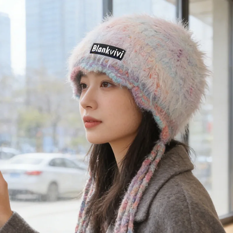 

New Color-Blended Tassels Handcrafted Knit Hat Korean Plush Strap Woolen Cap Autumn Winter Warm Versatile Ear Protection Hat