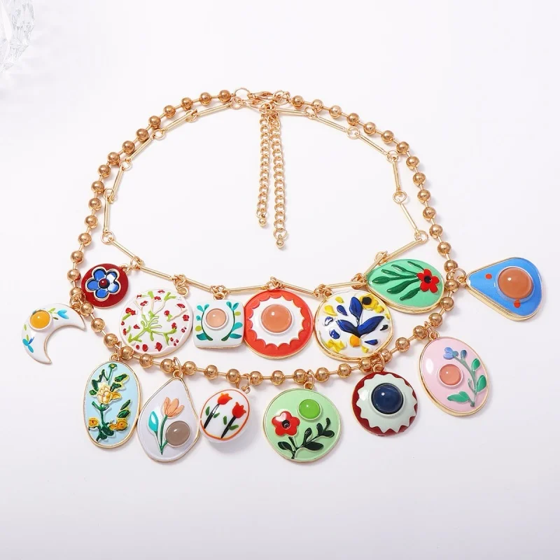 Women Boho Floral Enamel Necklace Gold Tone With Colorful Hand-Painted Floral & Abstract Charms Trendy Accessories