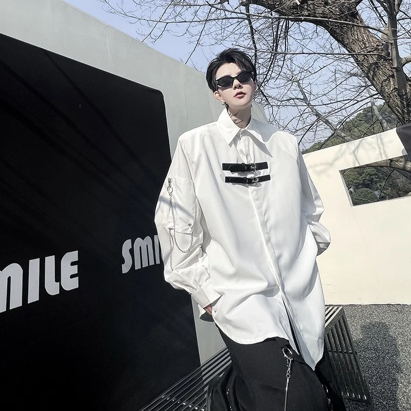 

Spring Summer Men's Long Sleeve Shirt Metal Buckle Design Decorative Chain Shoulder Pad High-End Feelings Casual Stylish Top