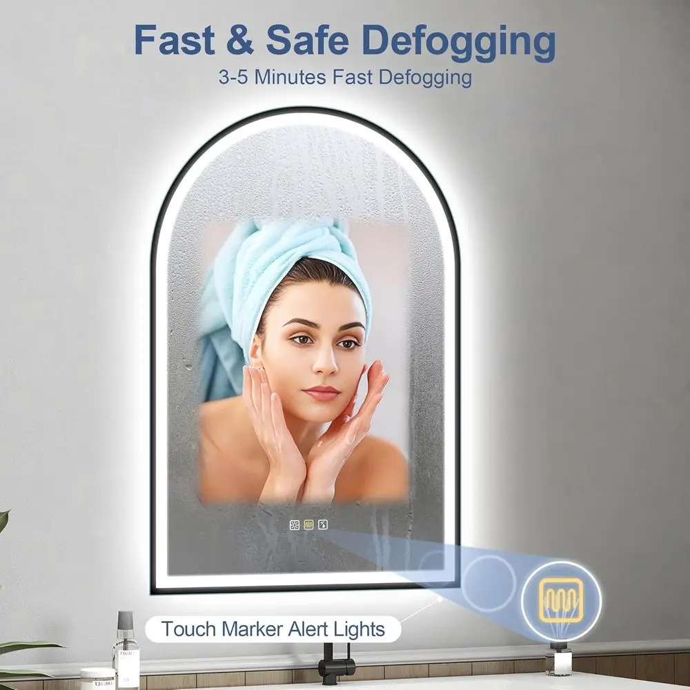 مرآة حمام مثبتة على الحائط LED مقاس 24 × 36 بوصة مع بلوتوث، مضادة للضباب، تعتيم 3 درجات الحرارة، زجاج مقسى مقاوم للماء، أسود Fr #4