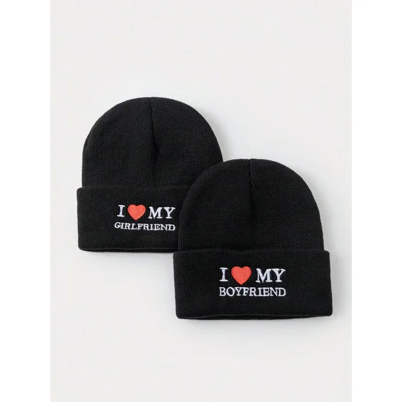 One Piece Men and Women Couple Autumn and Winter Knitting Woolen Cap Letter Love Embroidery Warm Hip Hop Hat Valentine's Day Gif