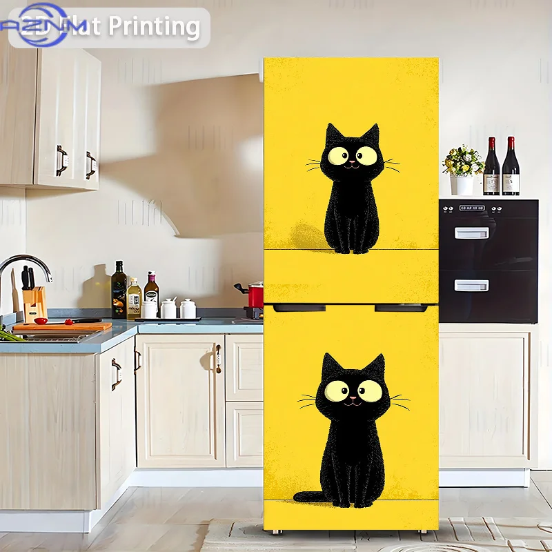 2D Flat Printing 1pc Refrigerator Sticker 60×180cm, Two Sitting Poses of a Black Cat, Self-Adhesive Wall Decal Wallpaper, Remo