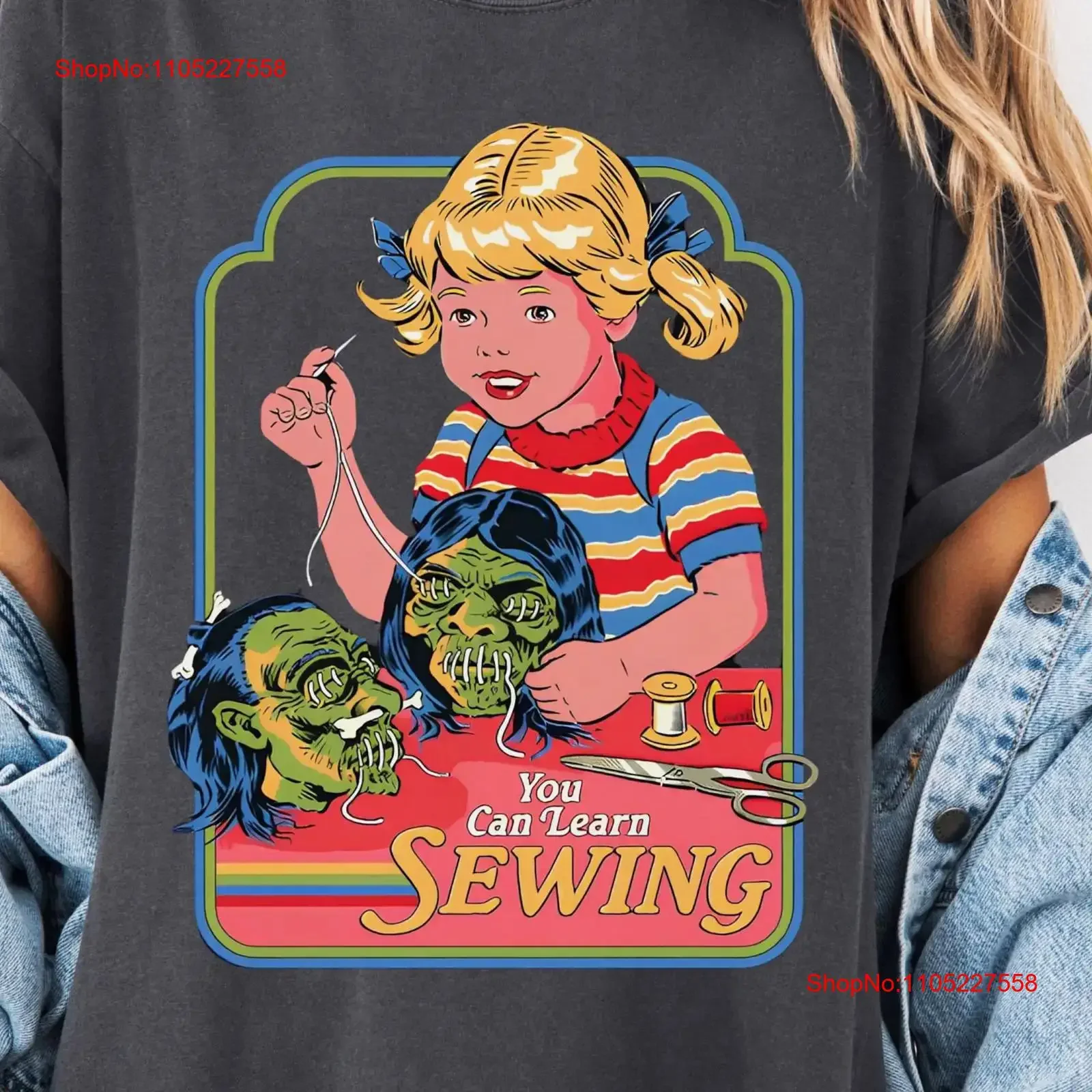 you can learn sewing halloween T Shirt retro 1980s vibes shrunken head classic vintage crew vintage Washed Stylish Soft