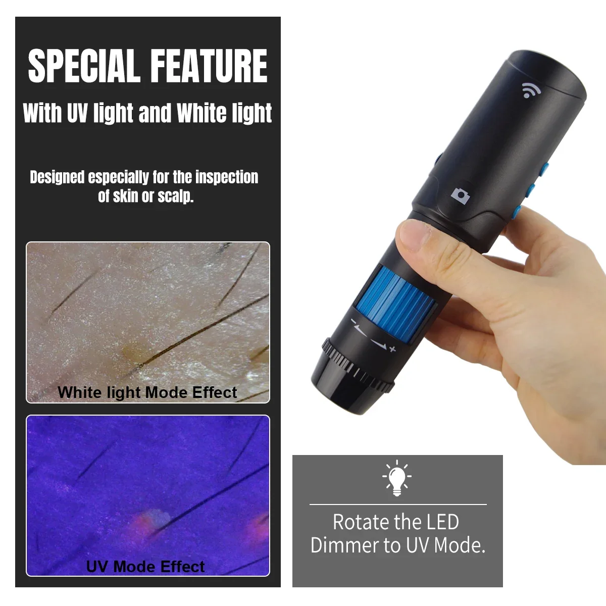 2025、UV Dermatoscope HD 1080P True 200x  UV WiFi Microscope for  iPad Android Phone for Hair Scalp Inspection  Analyze