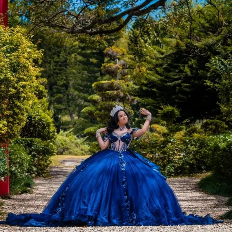

Customized dark blue Quinceanera Dresses Off the Shoulder applique layering flower Tull Long tail Vestido 15 Quinceanera
