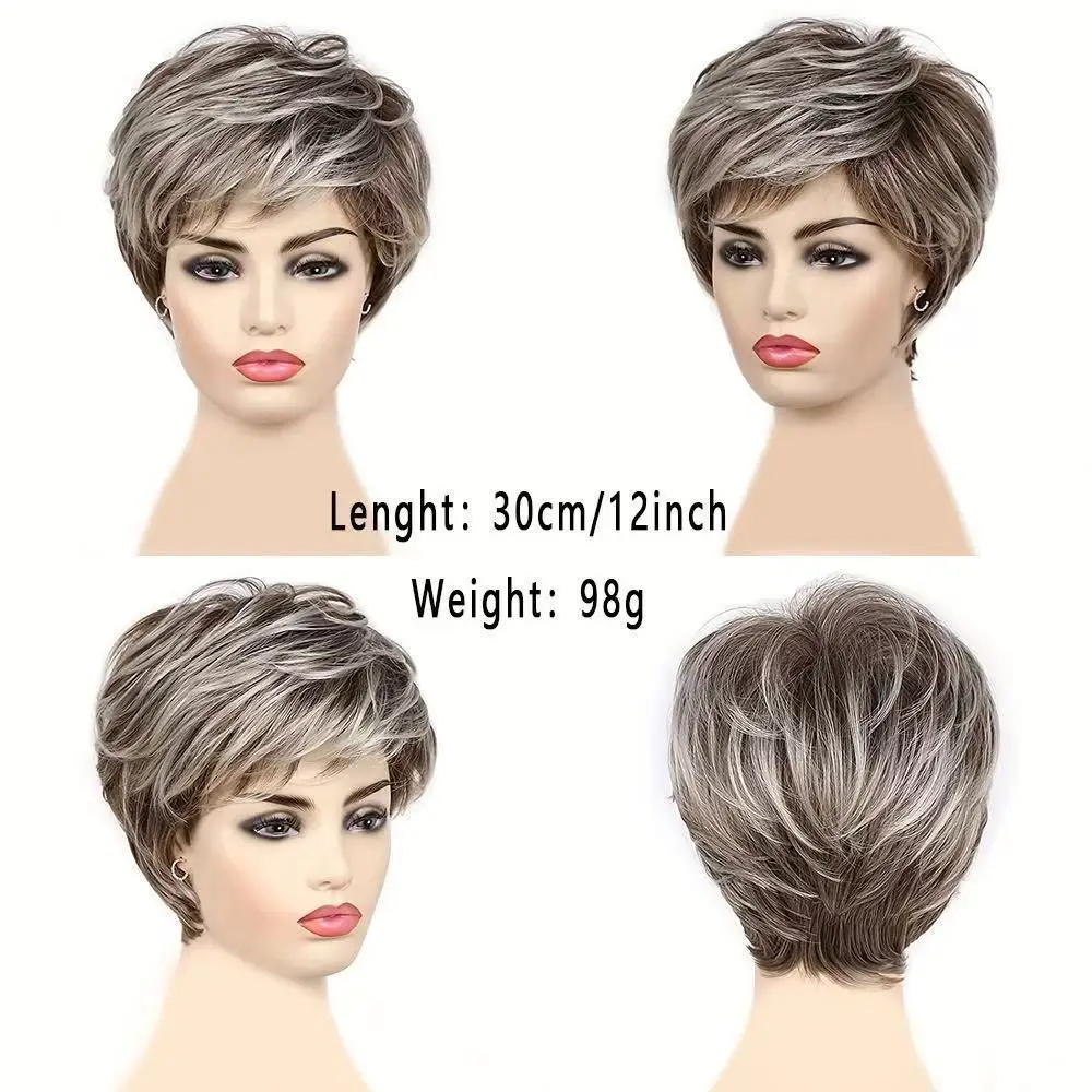 Shattered bangs, sleek and lightweight women's fashionable mixed color gradient short wig for middle-aged and elderly people