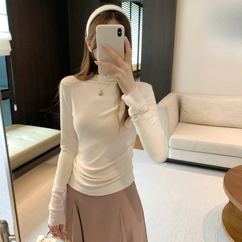 2025 nueva primavera otoño malla Patchwork camiseta de mujer prendas de punto de manga larga cuello redondo Casual camisas inferiores coreanas Tops ajustados Mujer