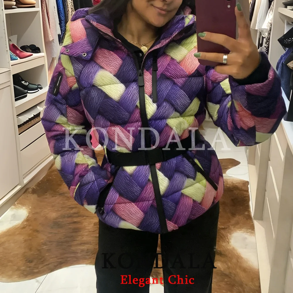 

KONDALA Women Purple Patchwork Ski Slim Jacket Zipper Hooded Padded Jacket New Fashion 2026 Winter Spring Ski Short Lady Jacket