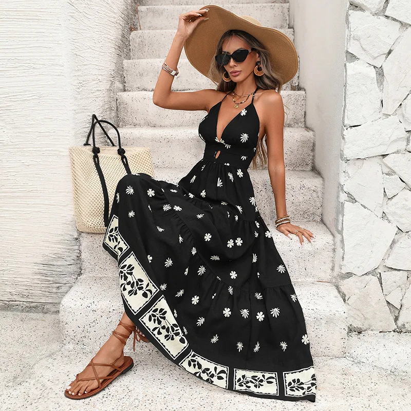 

Women Dresses Print Neck Mounted Dress Backless Halter Neck Sleeveless Ankle Length Cinched Empire Waist Sexy Casual 2026 Summer
