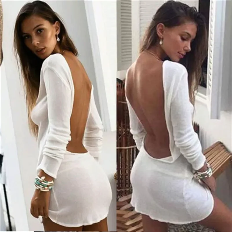 المرأة مثير عارية الذراعين Bodycon اللباس مصغرة ، أحادية اللون ، جولة الرقبة ، طويلة الأكمام ، صالح سليم ، فستان الشاطئ ، ملابس عطلة الحزب ، الشارع الشهير