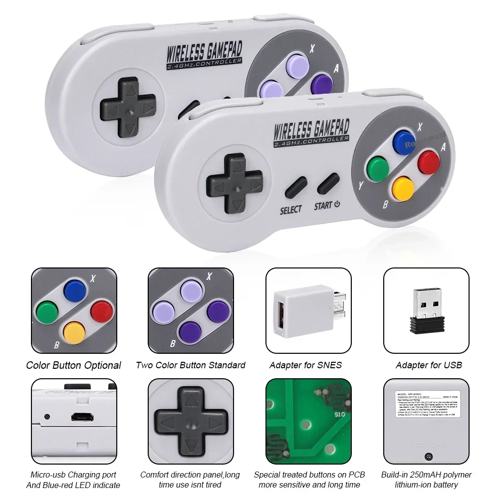 2 Controles de Jogo Sem Fio com Botões Coloridos 2.4G Gamepad Joypad Joystick Compatível com SNES Mini PC para Switch