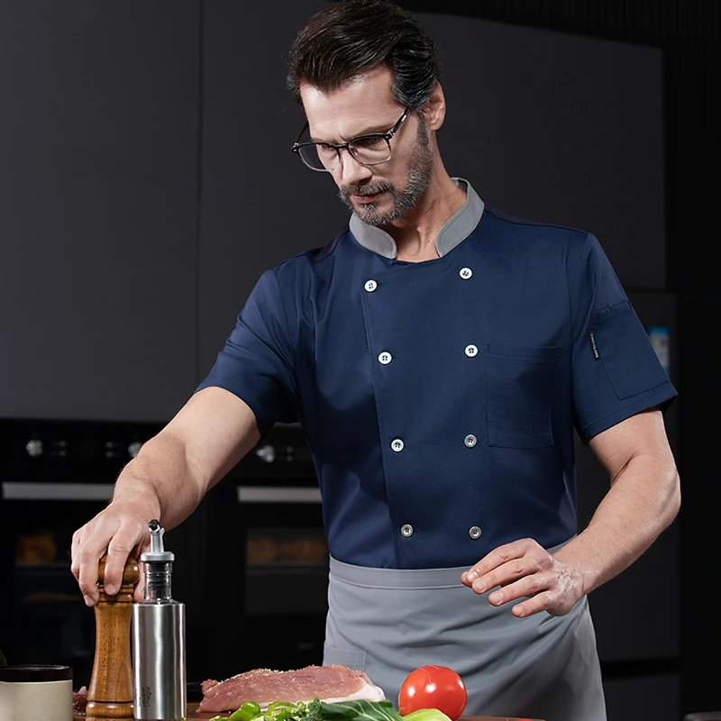 Nueva chaqueta de Chef delantal, camisas para hombre, abrigo de Chef de manga corta, uniforme de cocina, restaurante, panadería, disfraz de Hotel, ropa de cocina