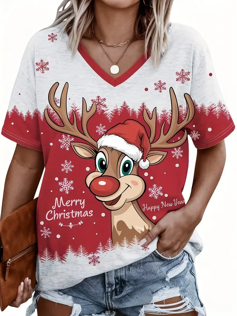 

Christmas Women's T-Shirt Cartoon Printed Casual V-Neck Short Sleeve Tee Outdoor Fashion Famale Clothing Oversized Pullover Tops