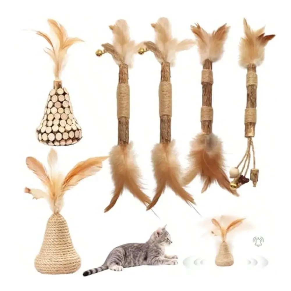 Toys Interactive, Cats Chew Toys Sticks 2PCS Realistic Tree Stump Toys 4PCS Pure Natural Log Sticks With Feathers And Bell Natu