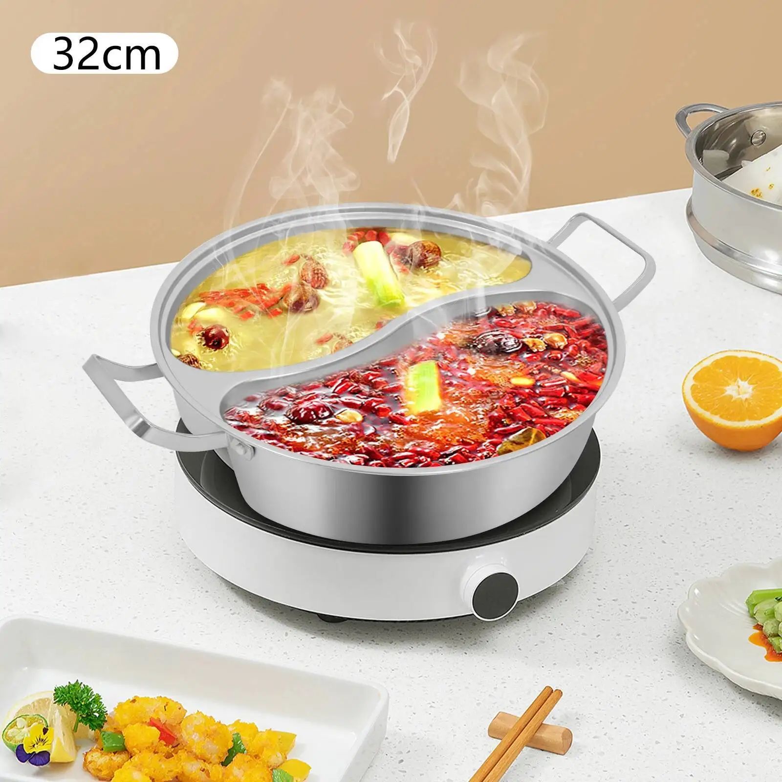 

304 Stainless Steel Double Flavor Hot Pot With Tempered Glass Lid 5L/7L Capacity Compatible For Family Restaurant