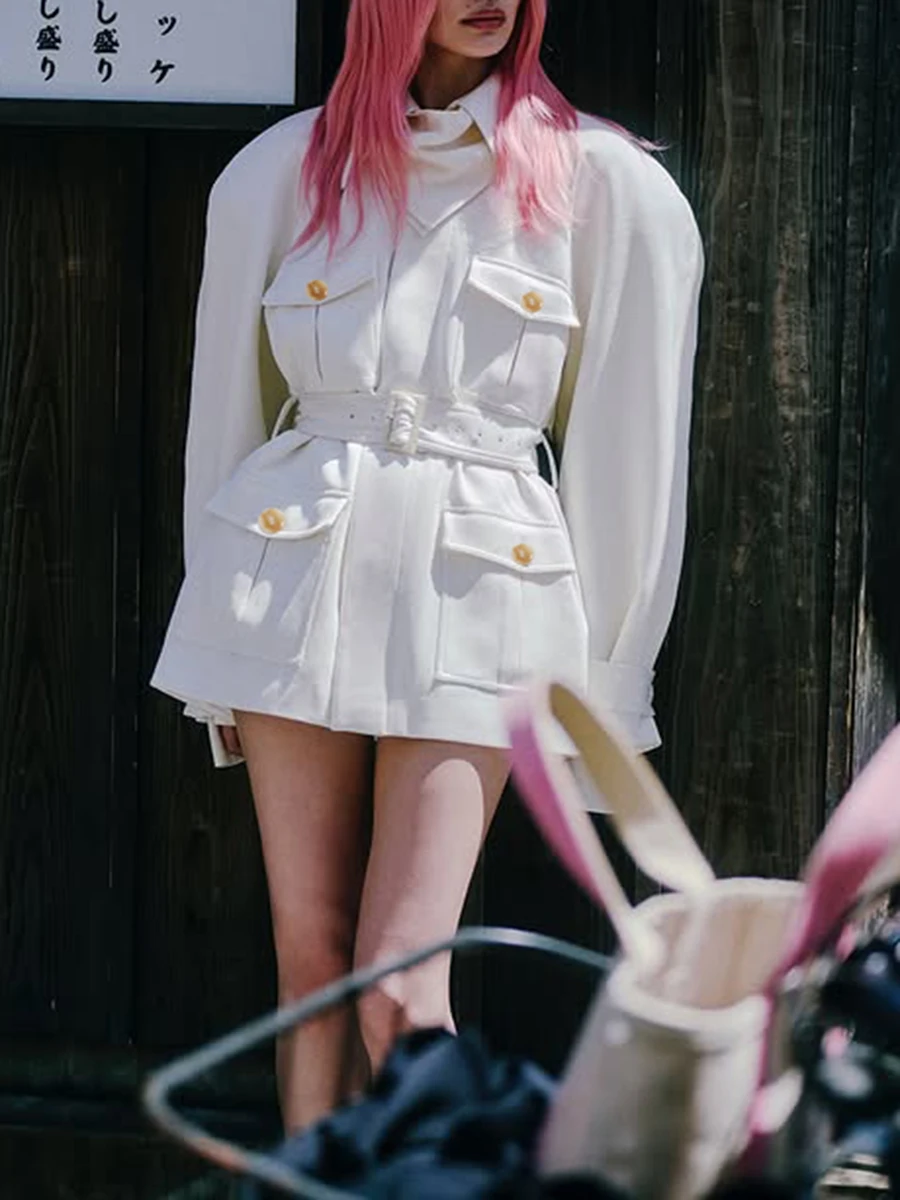 TWOTWINSTYLE Slimming Spliced Pockets Fashion Jackets for Women Lapel Long Sleeves Tunic Patchwork Belt Jacket Female Clothing