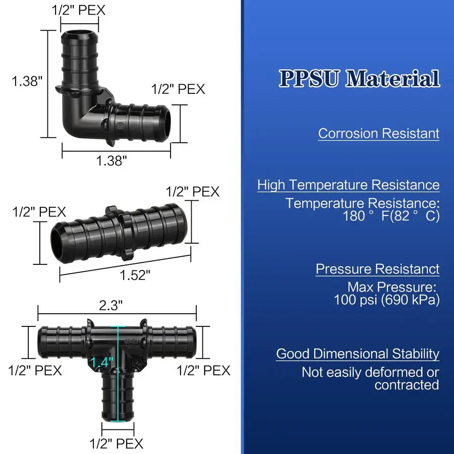 2 Fitting Poly PPSU Barb Crimp PEX, 90pcs Combo Fitting PEX, 30pcs Masing-masing Elbow Tee Straight Coupling, Tanpa Timbal 90pcs, 1 2 Combo