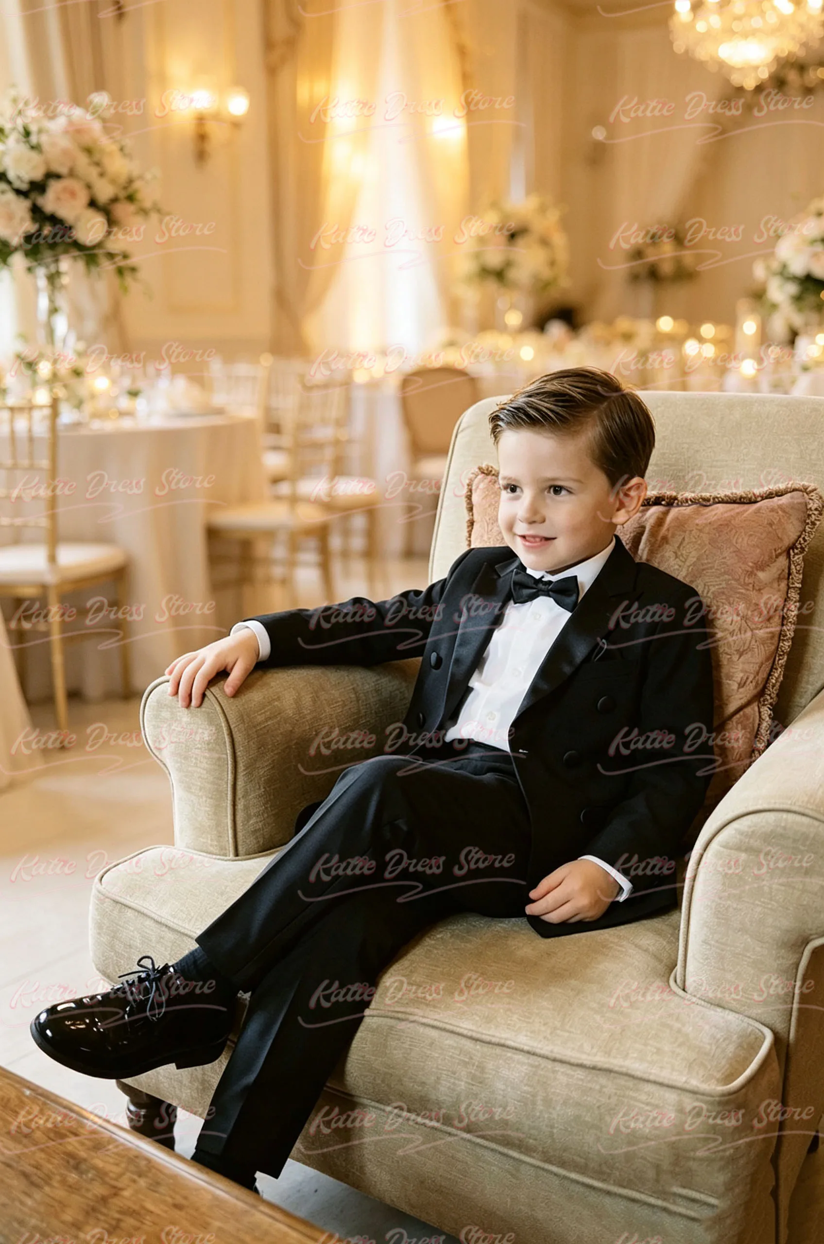 Boys Black Double-Breasted 2-Piece Suit Jacket Pants Formal Shawl Lapel Kids For Wedding Birthday Party School Performance Wear