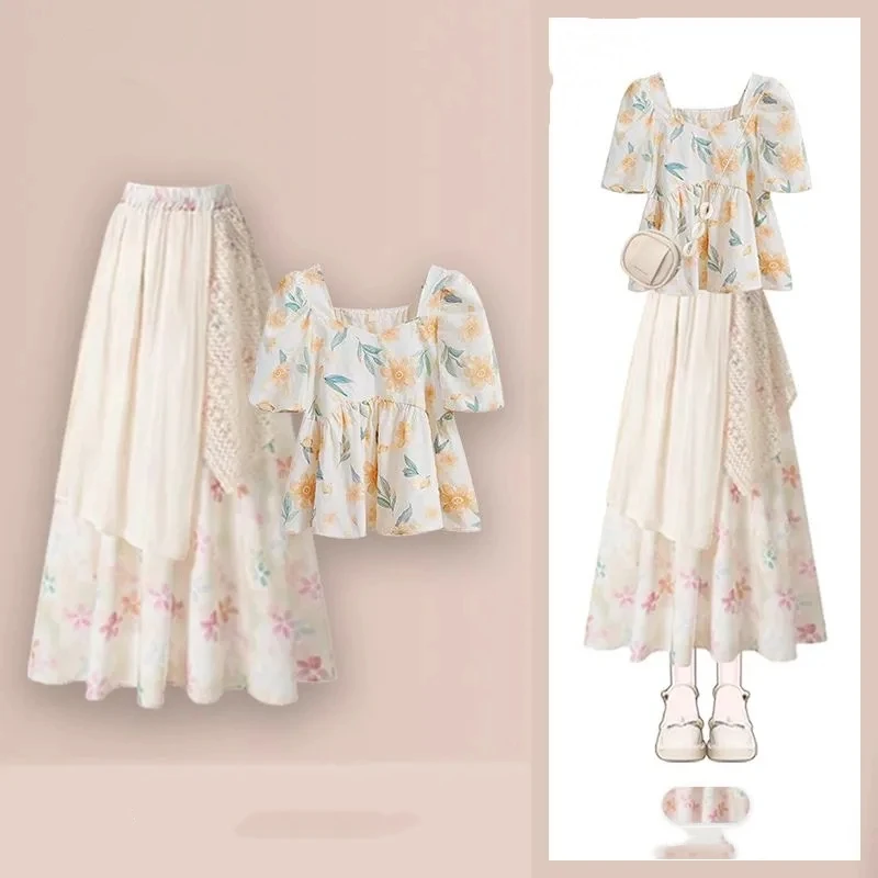 

Женские летние короткие рубашки в стиле бохо с милым цветочным принтом, шифоновые лоскутные юбки, комплект из 1 или двух предметов, женские изящные тонкие топы, юбка, наряды