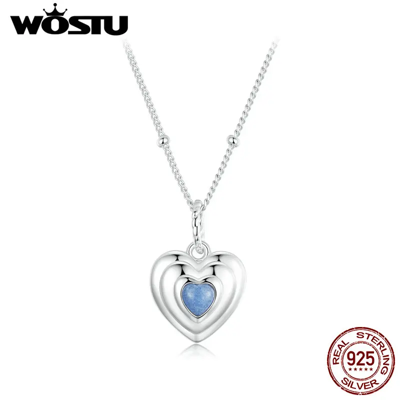 WOSTU Original 925 Sterling Silver Luminous Multi-layer Blue Heart Necklace Glow-in-dark Cross Chain Fit for Mother Lover Gift