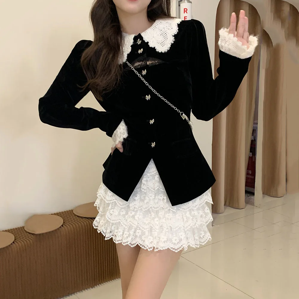 

Winter Fall Outfits Women French Vintage Patchwork Sweet Velvet Tops + White Lace Mini Short Skirts 2 Piece Sets Womens Suits