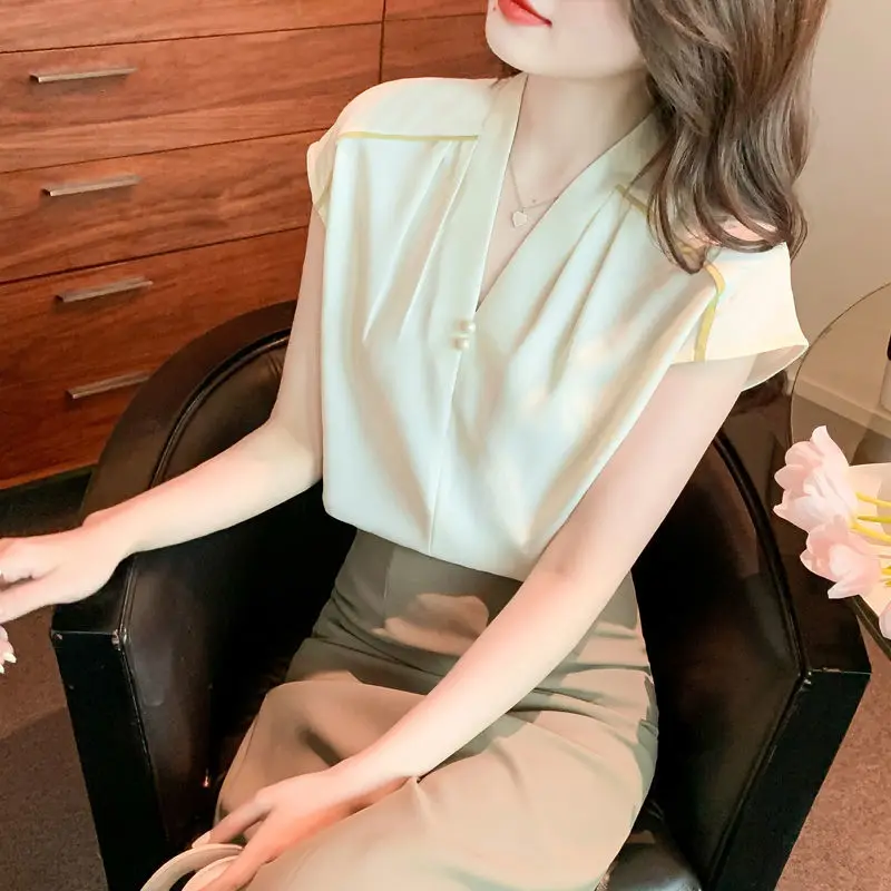 Women Ruffle Beaded Chic Elegant Blouse Summer Fashion Simple Business Casual Office Lady Shirts V Neck Short Sleeve Tops Blusas