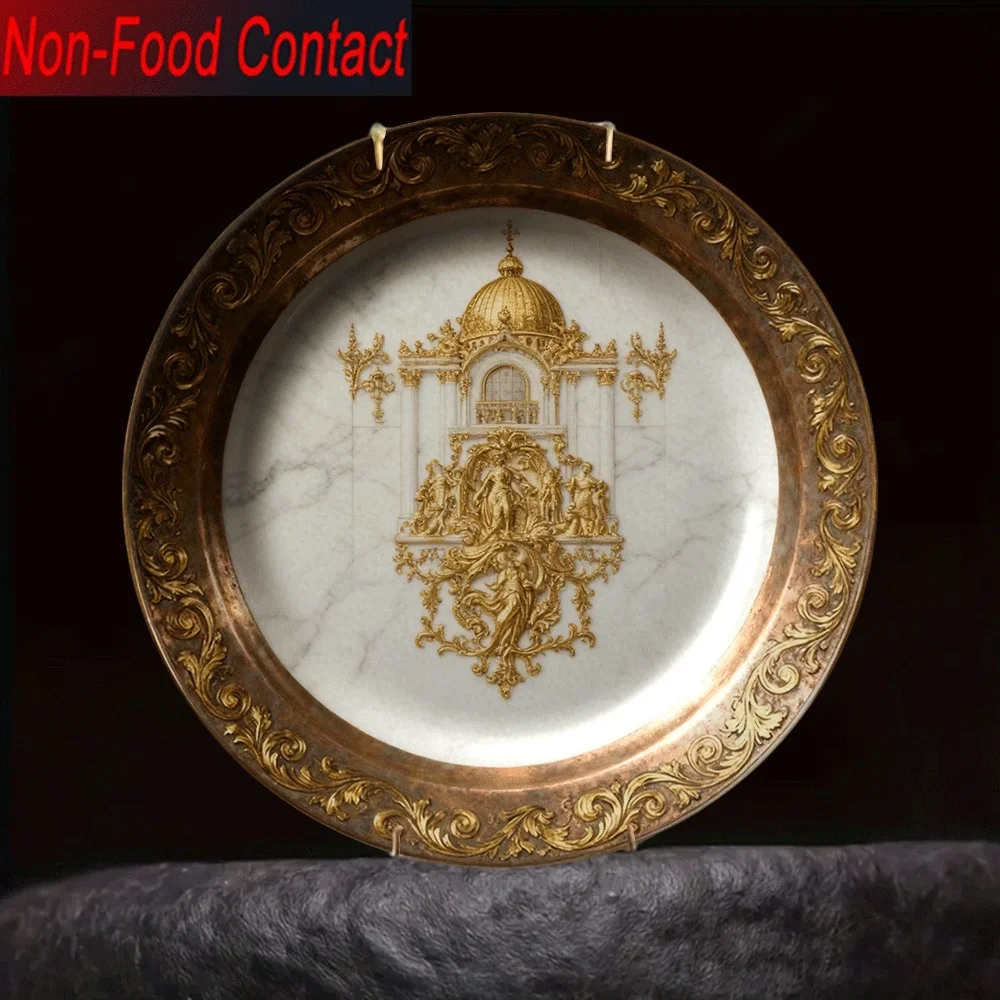 1pc European Vintage Golden Accent Plate - Ornate Gothic-Style Round Dinnerware-Like Decorative Plate with White Marble Center