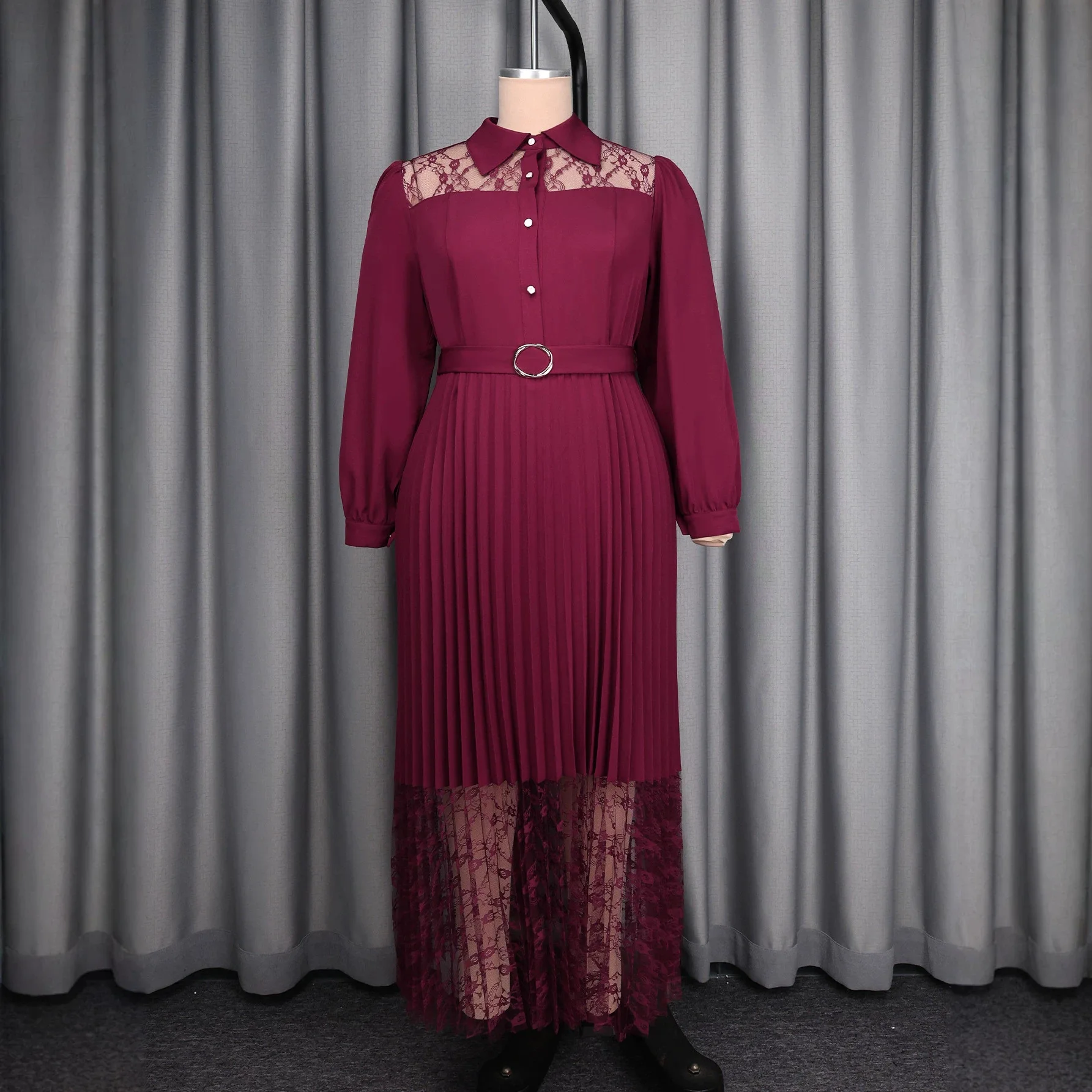 African Women Dresses Pleated Turn Down Collar Lantern Long Sleeve Button Belted Lace Patchwork Church Wedding Guest Party Gown