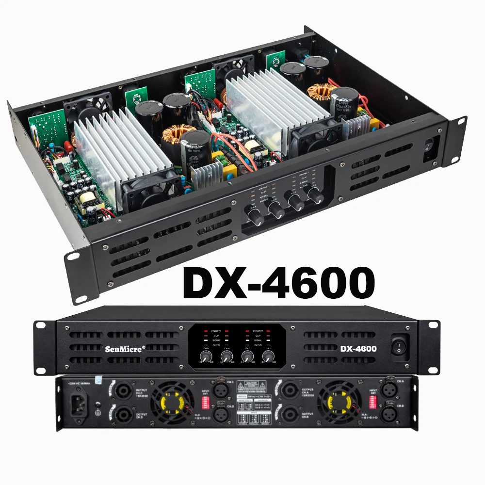 SenMicre DX4600 4X600W 8OHM เครื่องขยายเสียงระดับมืออาชีพ 2/4 Channel Audio DJ ซับวูฟเฟอร์ AMP Line Array เครื่องขยายเสียงลำโพง Class D เสียง preamplifier 4x800W 4OHM KTV อุปกรณ์เครื่องเสียงบ้าน