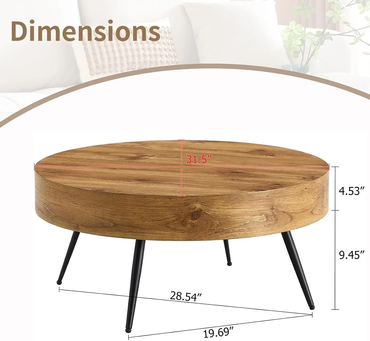 Round Coffee Table, Wooden Accent Center Table, Living Room Cocktail Table, Small Space Tea Table, Sturdy Metal Legs, Mid Century Modern Home Decor Furniture, Brown Single Piece