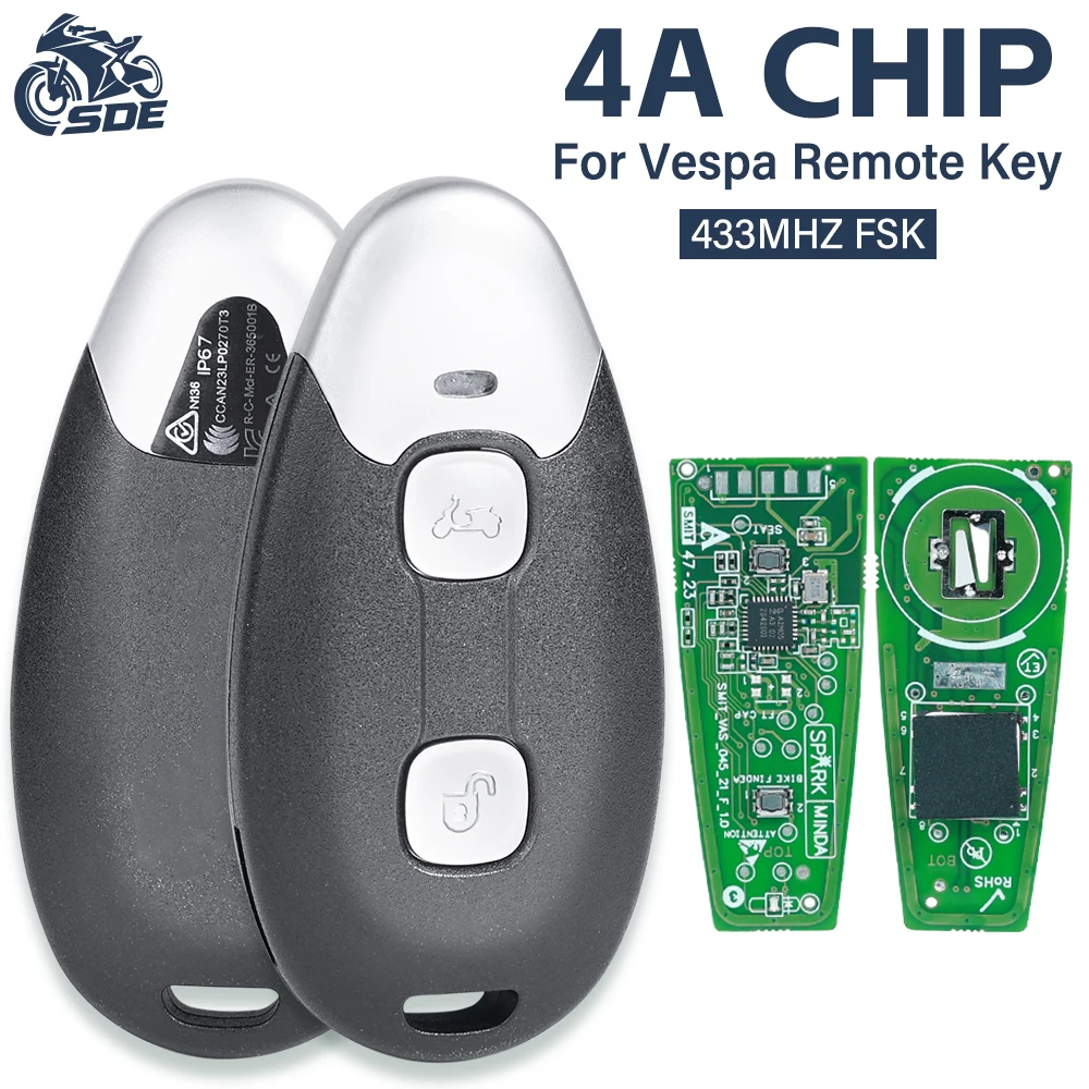 

SDE для мотоцикла Vespa Smart Key 434 МГц 4A чип 2 кнопки для 2025 Vespa LX125 Primavera150 Sprint150 GTV300 GTS300 GTS310