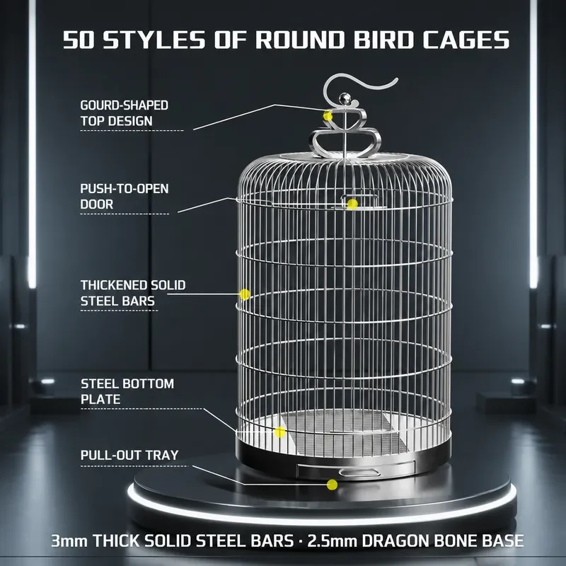 304 Stainless Steel Round Bird Cage Portable Parrot Cage for Tiger Skin Thrush Starling Luxury Pet Bird House