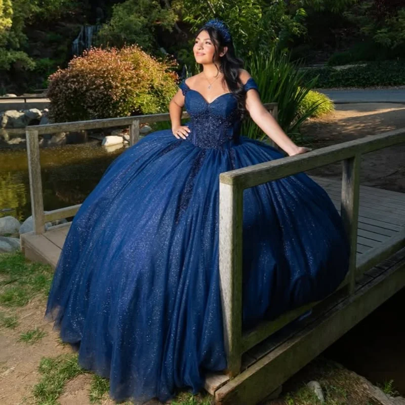 

Shiny dark blue Quinceanera Dress off-shoulder Glitter flower Decal Long tail Vestidos De 15 Quinceanera ﻿Customize
