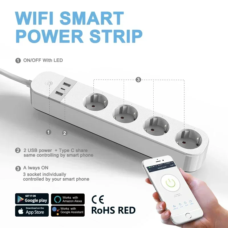 

WiFi Europe Smart Power Strip Surge Protector 4 Plug EU FR Outlets Socket USB Type C Tuya App Voice Control by Alexa Google