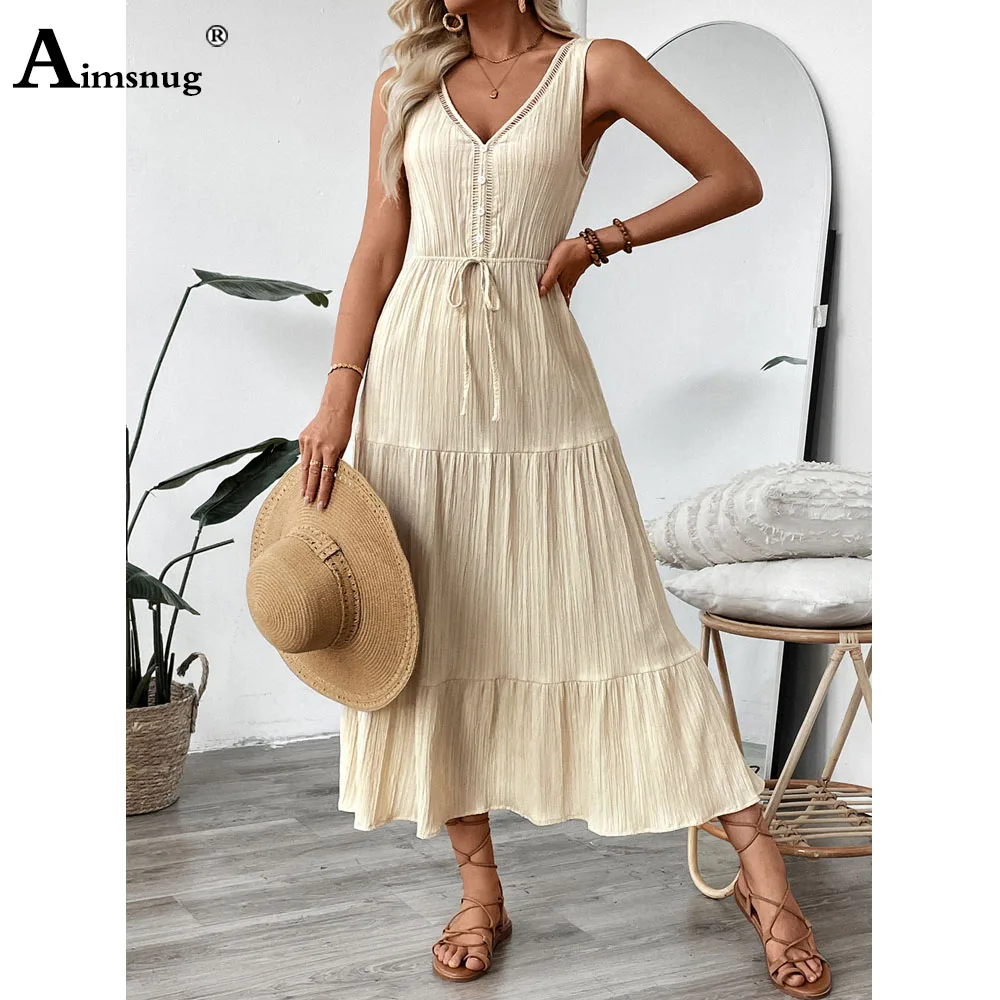 2025 여성 민소매 보헤미안 레이스 솔리드 시스루 드레스 신상 여름 롱 맥시 드레스 여성 캐주얼 심플 V넥 비치 드레스