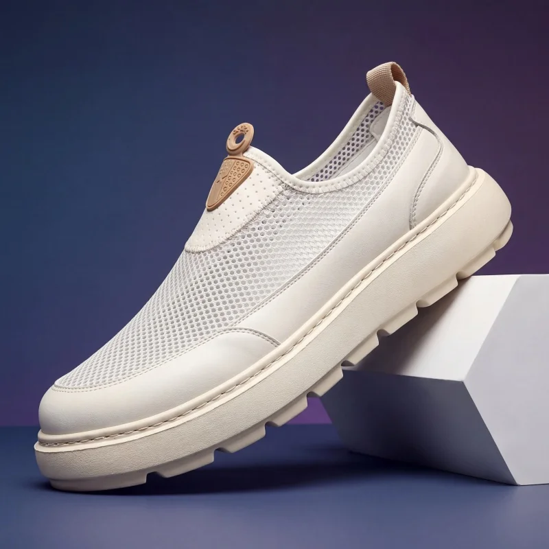 

Lightweight Mesh Slip On Platform Shoes Men Off White Upper Khaki Non Slip Lug Sole No Lace Outdoor Daily Walking Trainers