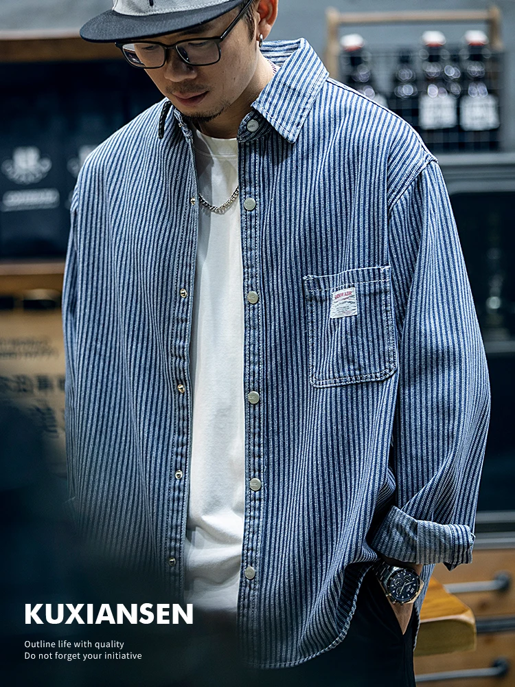 

Loose Fit Casual Blue Long Sleeve Men's Denim Shirt American Stripe Style Autumn Fashion Outerwear Youth Trend Cotton Blend